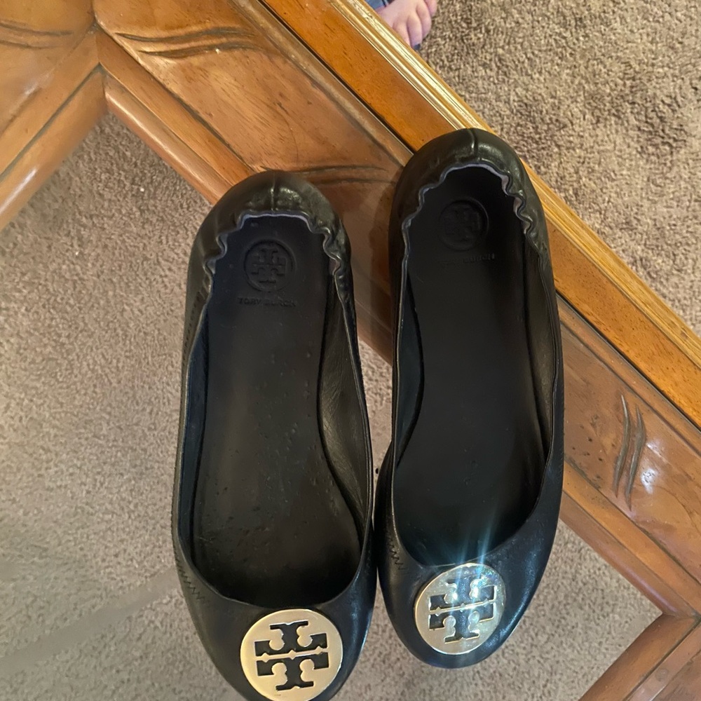 Tory Burch Black Flats with Gold Logo